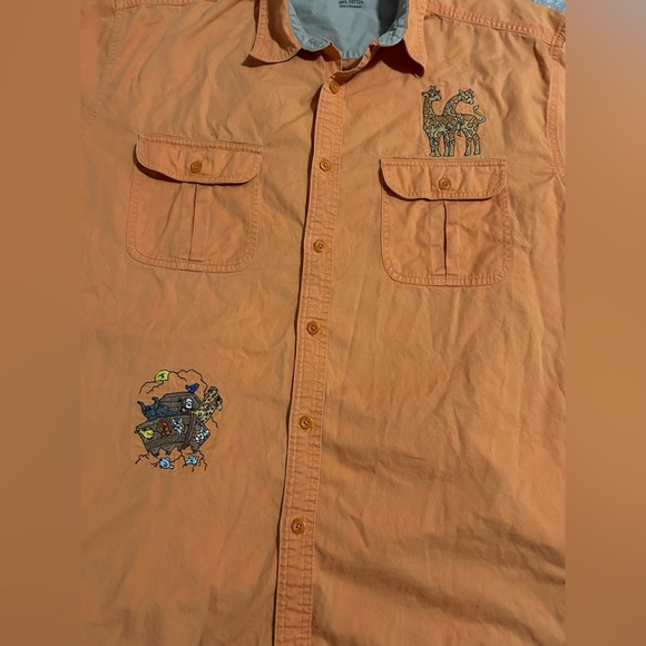 Mens Noah's Ark Embroidered Button Up Shirt Sz XL Orange Cotton Church Pastor - Picture 3 of 7